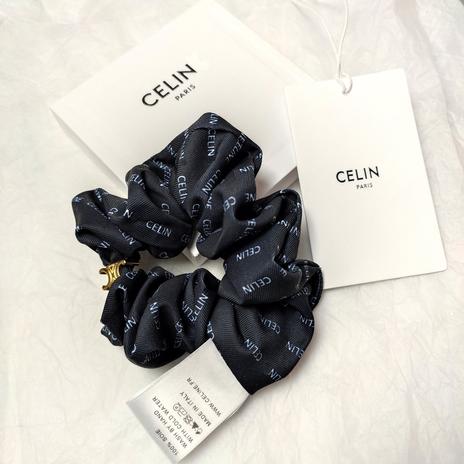 New Celine Chunky Knot Hair Tie: Oversized Silk Blend in Core Brand Colors 1 New Celine Chunky Knot Hair Tie: Oversized Silk Blend in Core Brand Colors